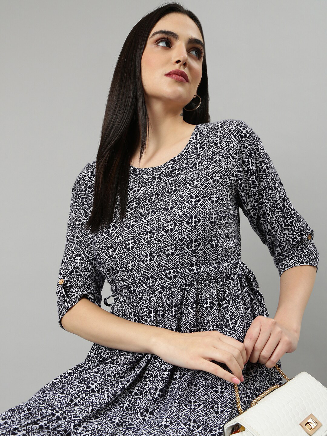 SHOWOFF Geometric Printed Roll Up Sleeves Fit And Flare Dress
