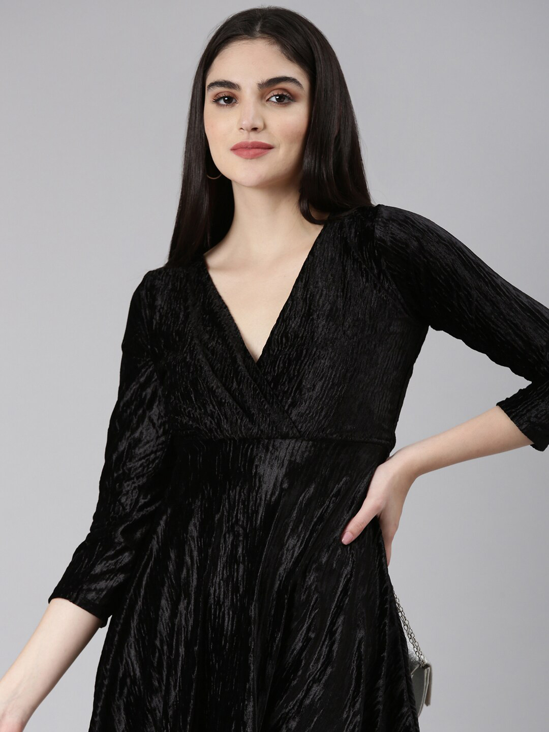 SHOWOFF Self Design V-Neck Velvet Wrap Mini Dress