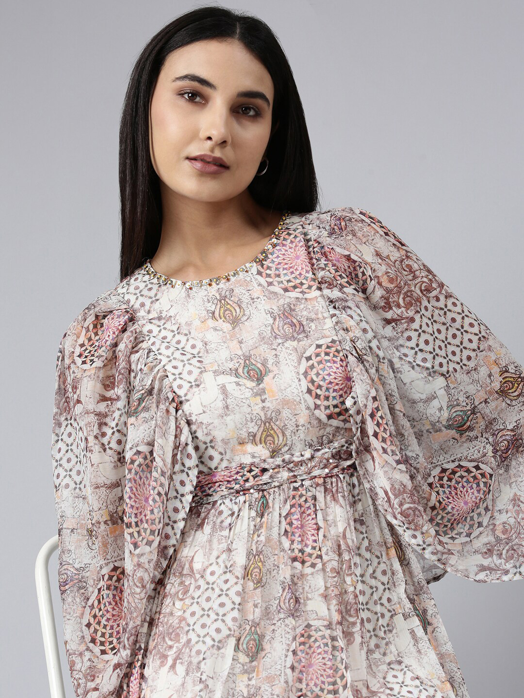 SHOWOFF Floral Printed Puff Sleeves Gathered Fit & Flare Bohemian Midi Dress