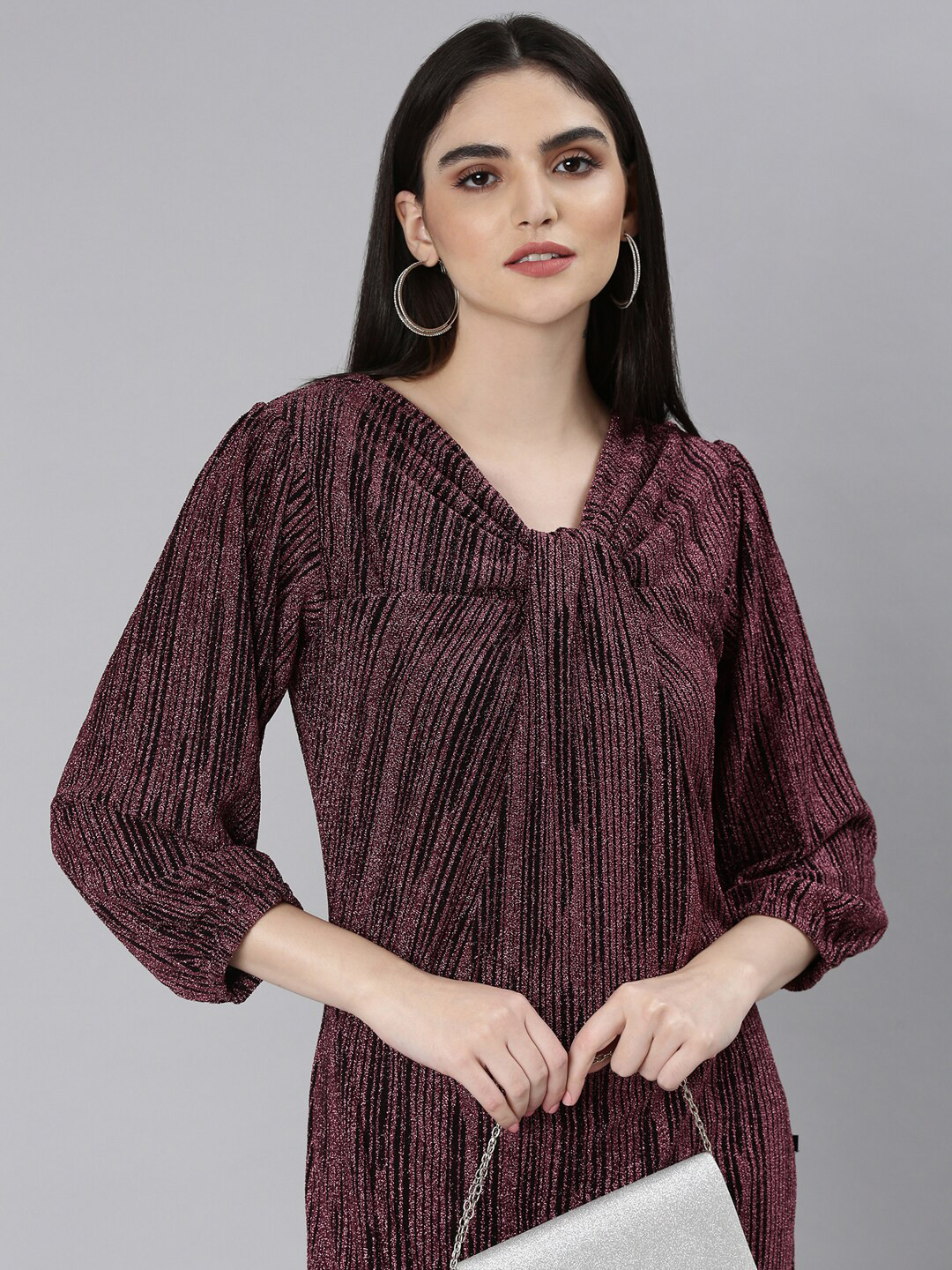SHOWOFF Self Designed Cut-Out Detailed V-Neck Puff Sleeves Maxi Dress