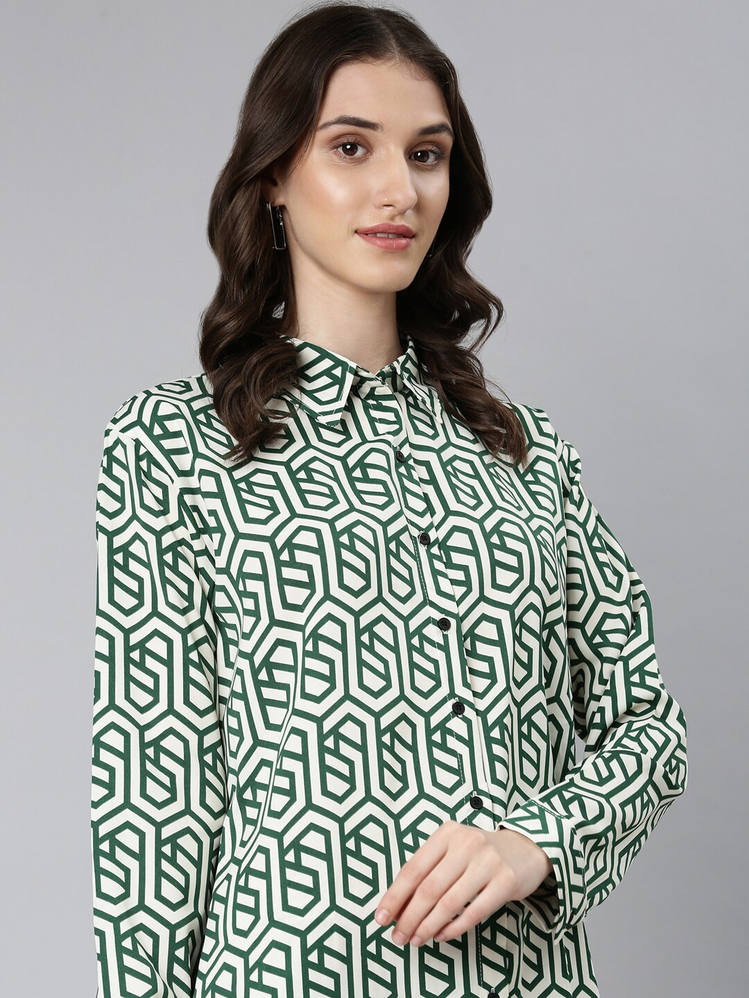 SHOWOFF Geometric Printed Shirt Collar Georgette Mini Shirt Dress