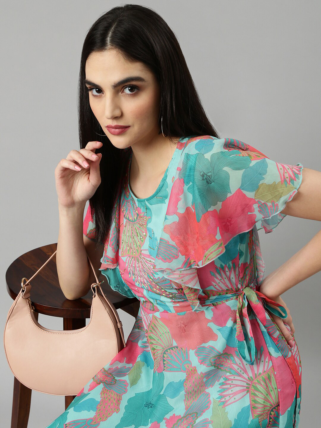 SHOWOFF Floral Printed Chiffon Flared Sleeves With Sequinned Embellished A-Line Dress