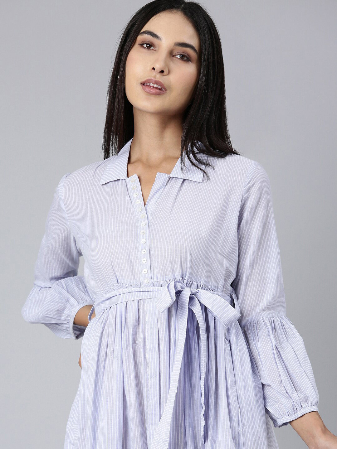 SHOWOFF Striped Belt Detailed Shirt Collar Puff Sleeves Cotton Shirt Style Dress
