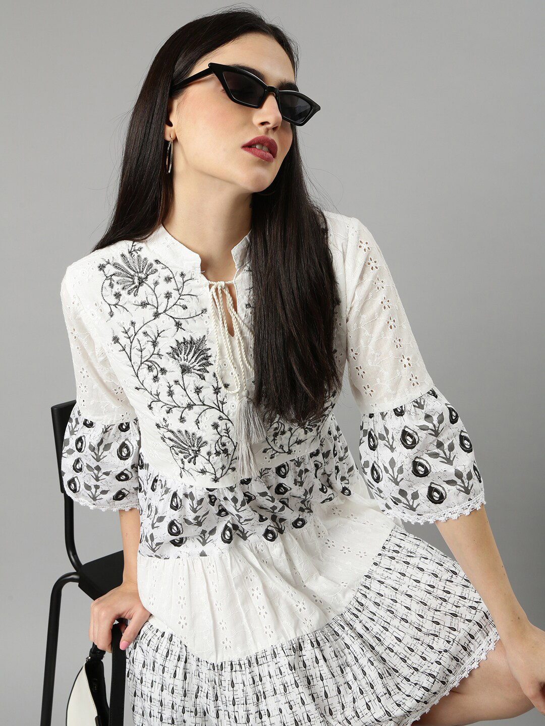 SHOWOFFFF White Floral Print Bell Sleeve A-Line Dress