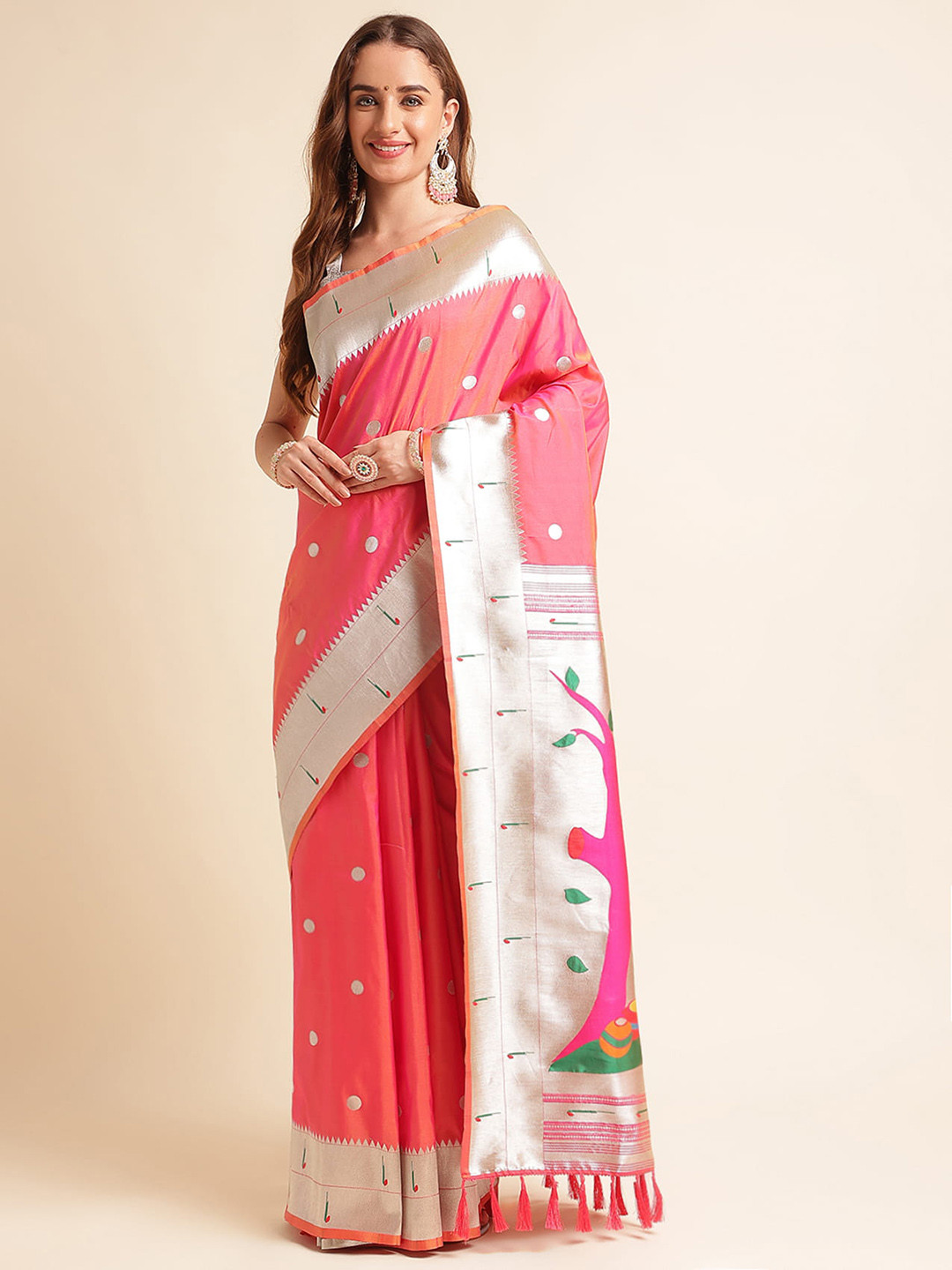 RAJ DHARMA SILK Ethnic Motifs Woven Design Zari Silk Cotton Paithani Saree