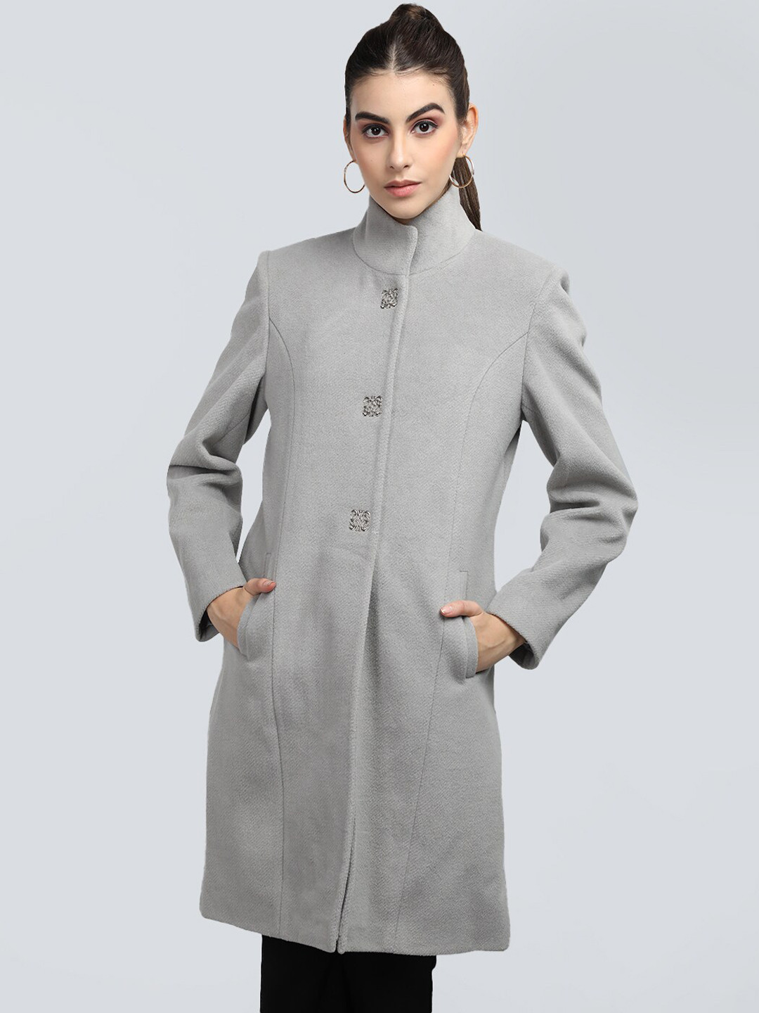 PROTEX Mandarin Collar Longline Woolen Pea Coat