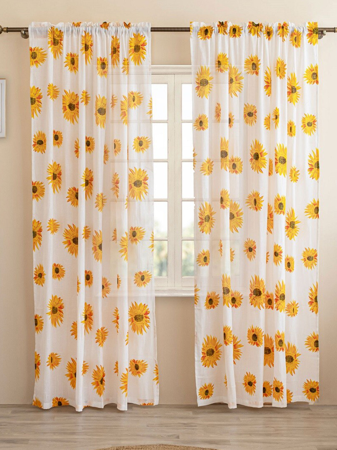 HOMEMONDE 2 Pcs White & Yellow Floral Cotton Rod Pocket Sheer Long Door Curtain