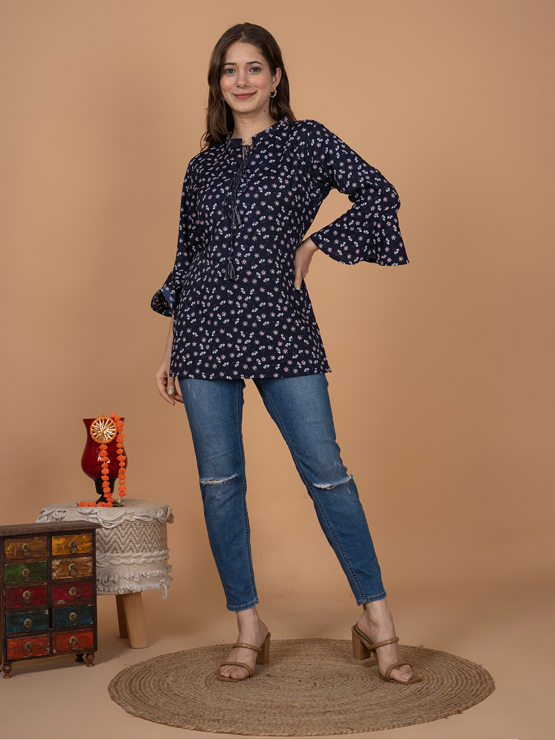 MissKurti Floral Printed Mandarin Collar Bell Sleeve Tunic