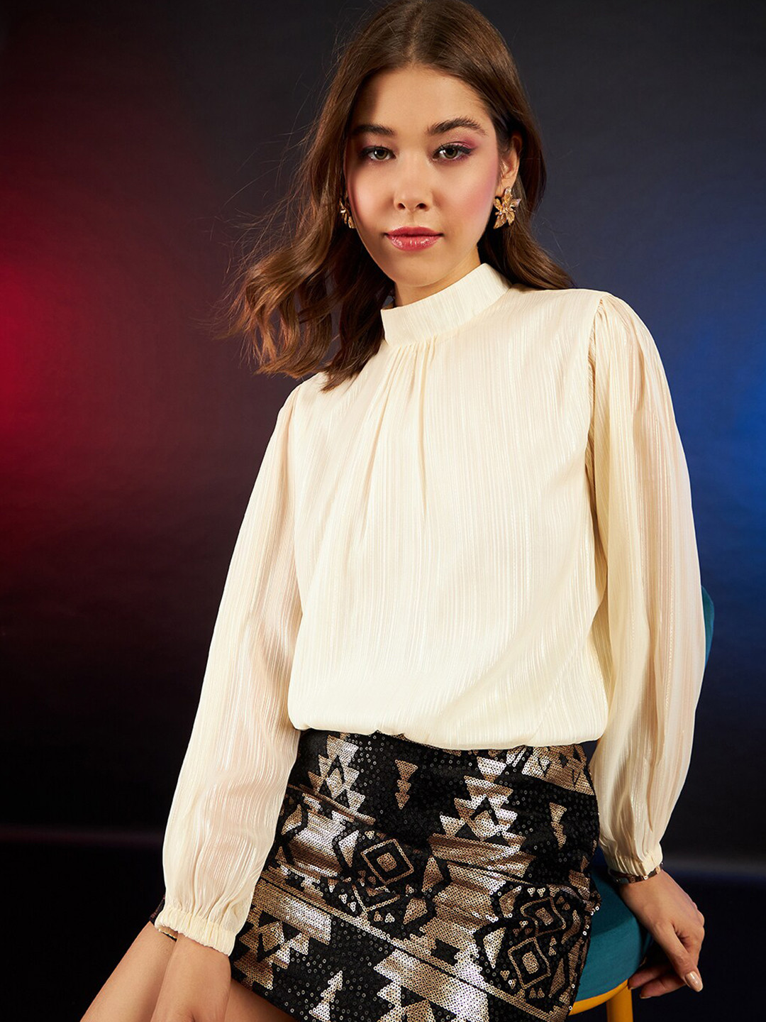 DressBerry Cream-Coloured Mock Neck Puff Sleeves Top