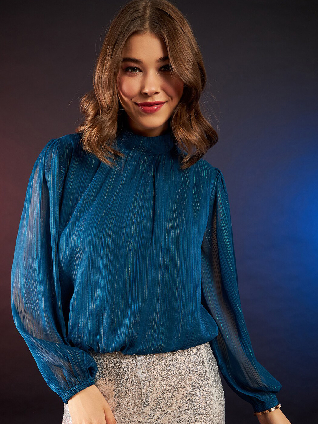 DressBerry Navy Blue Striped Mock Neck Puff Sleeves Blouson Top