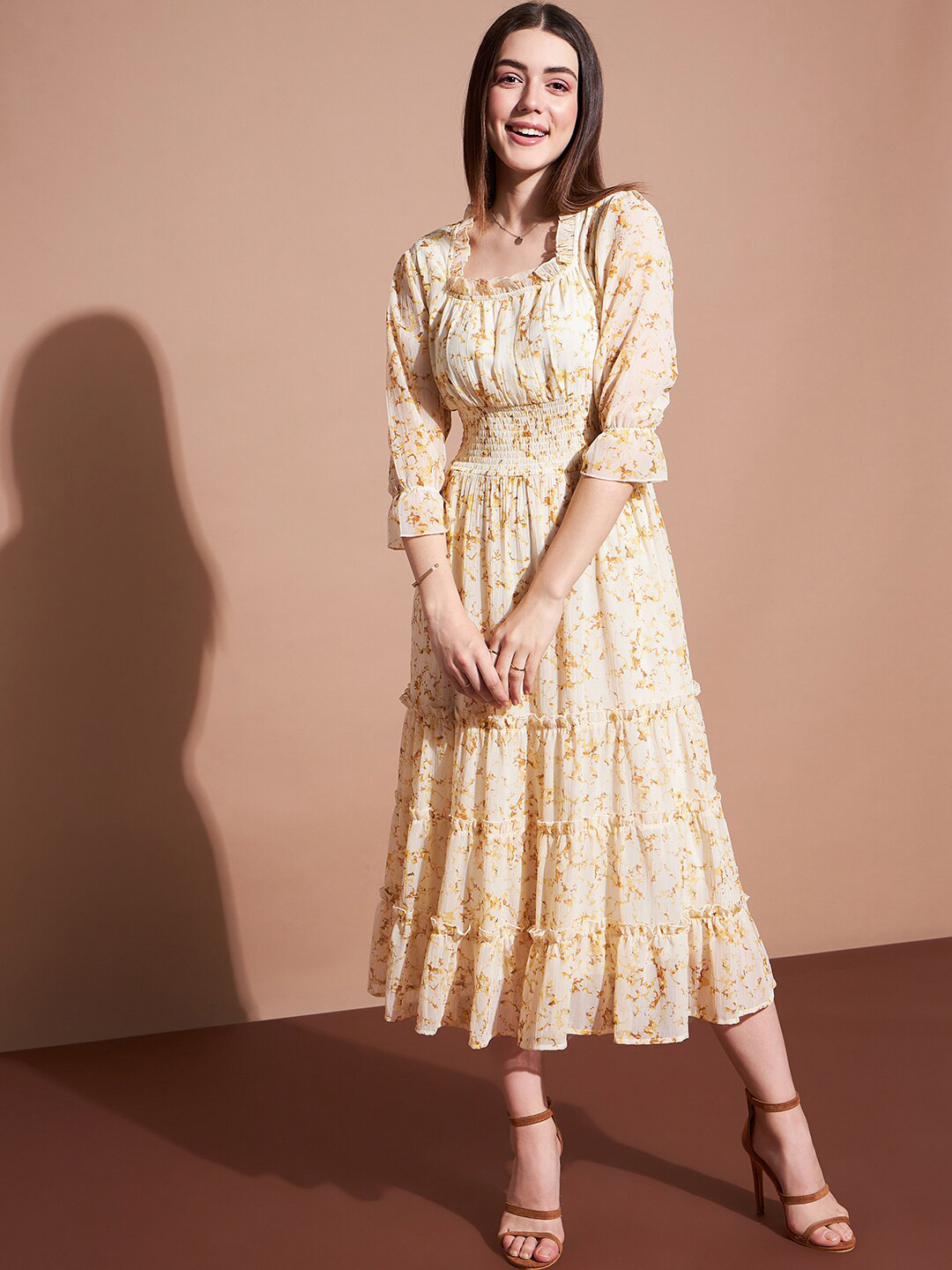 DressBerry Beige Floral Printed Fit & Flare Midi Dress