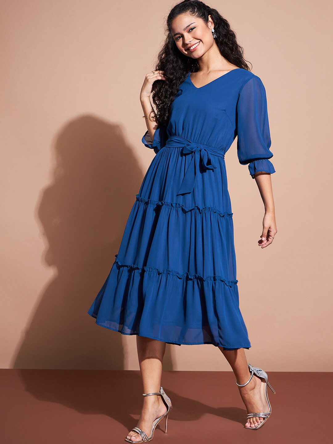 DressBerry Navy Blue Ruffled V-Neck Fit & Flare Midi Dress