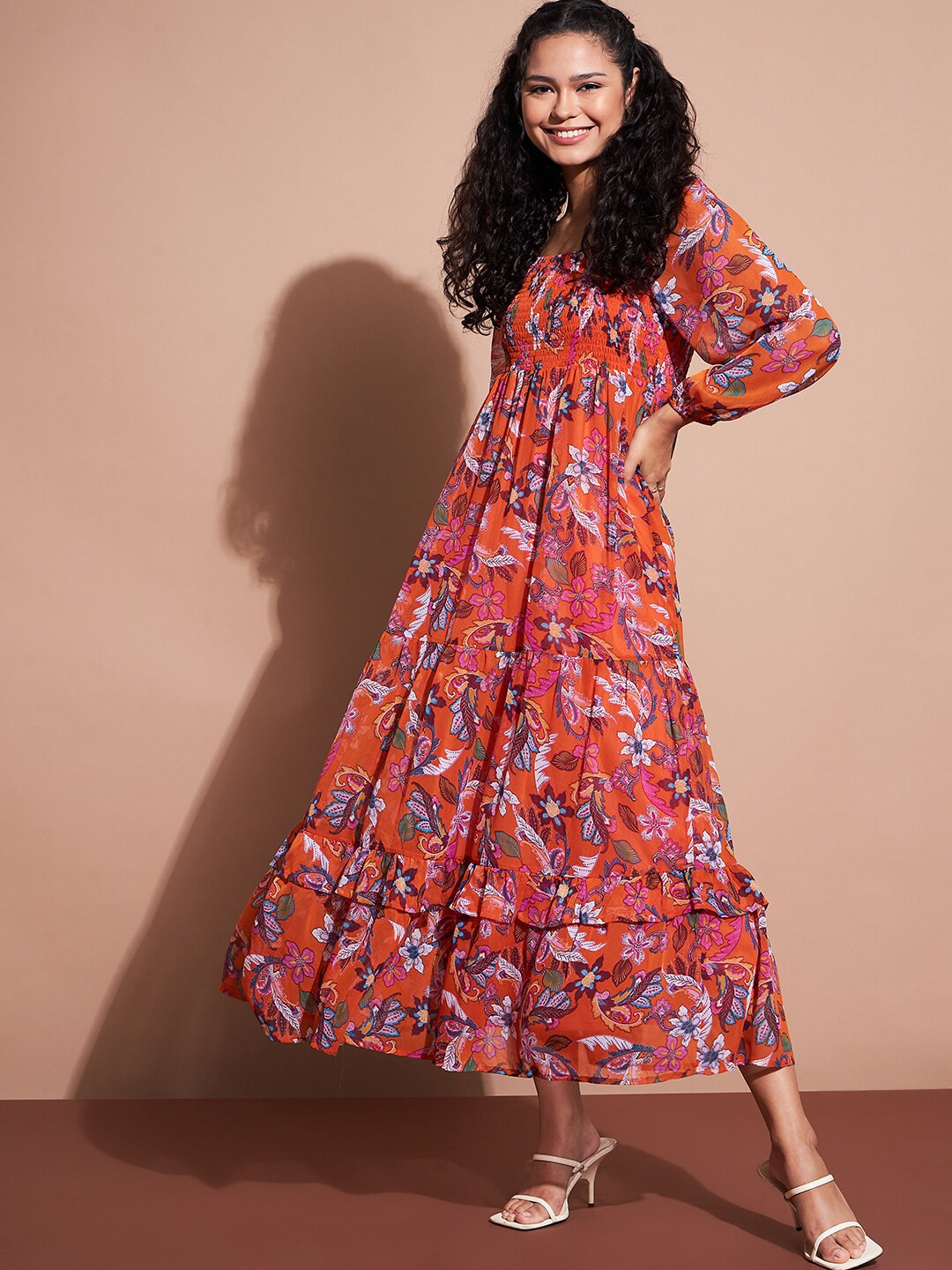 DressBerry Orange Floral Printed Smocked Square Neck Maxi Dress