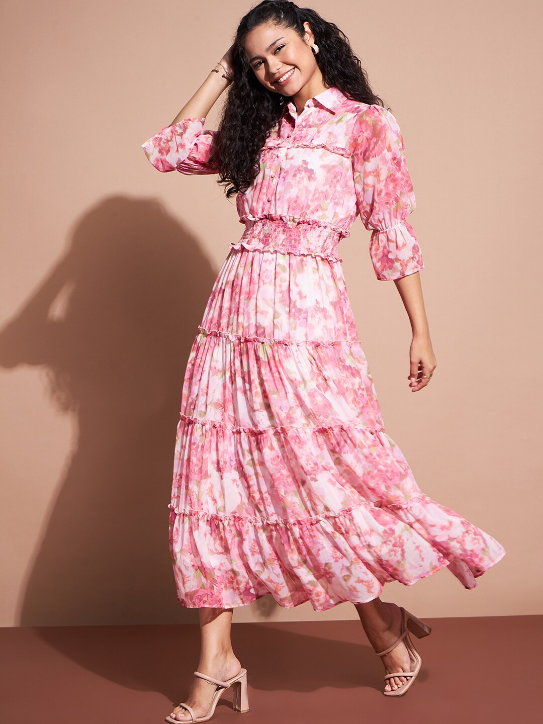 DressBerry Abstract Printed Shirt Collar Puff Sleeve Tiered Ruffled Maxi Dress