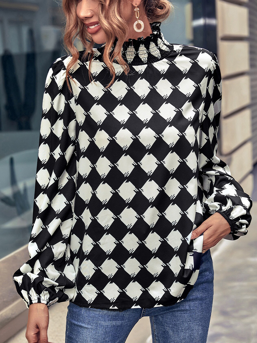 LULU & SKY Geometric Printed High Neck Smocked Regular Top