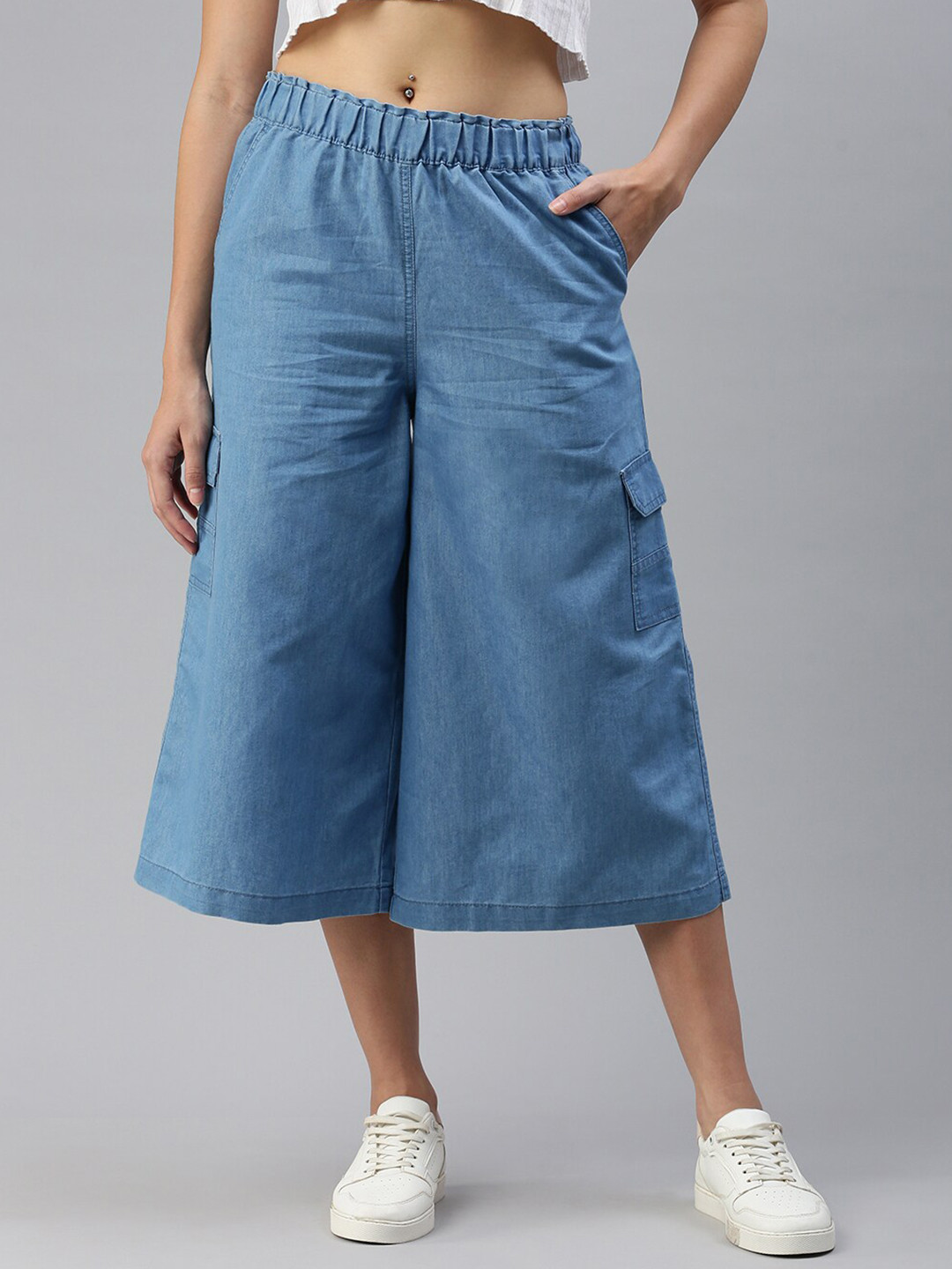 De Moza Women Relaxed Loose Fit High-Rise Cotton Cargos Trousers