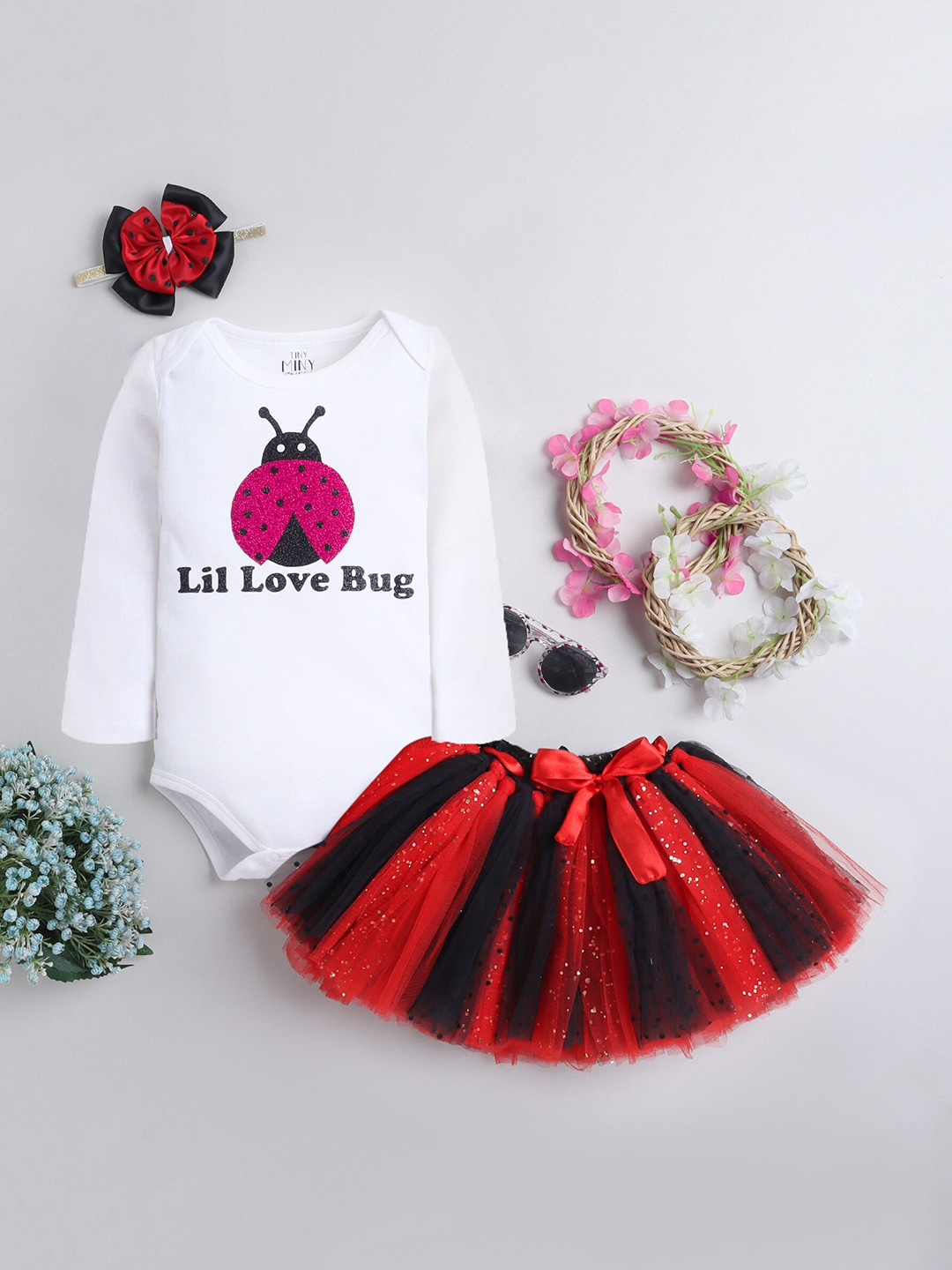 TINY MINY ME Infants Girls Pack Of 3 Embellished Bodysuit With Skirt & Headband