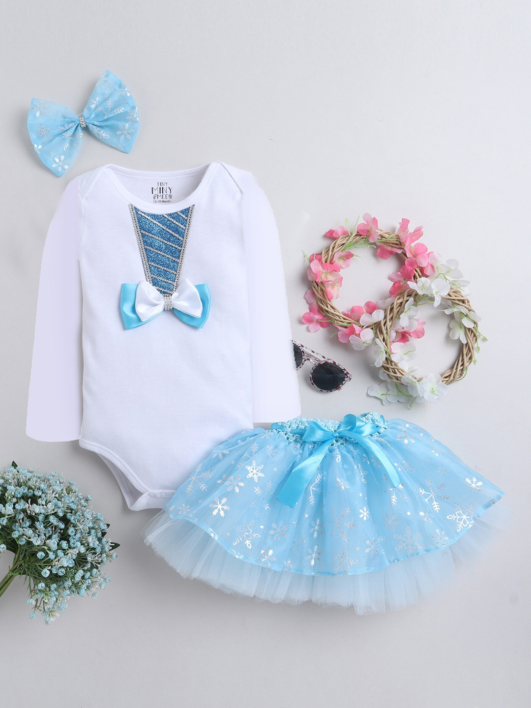 TINY MINY ME Infants Girls Pack Of 3 Embellished Bodysuit With Skirt & Headband