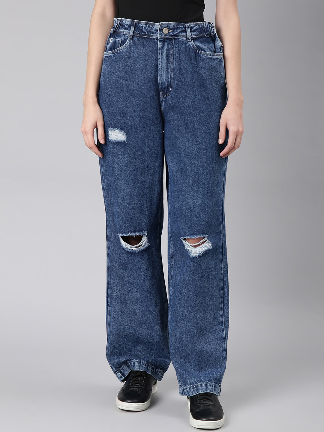 SHOWOFF Women Slash Knee Stretchable Wide Leg Jeans