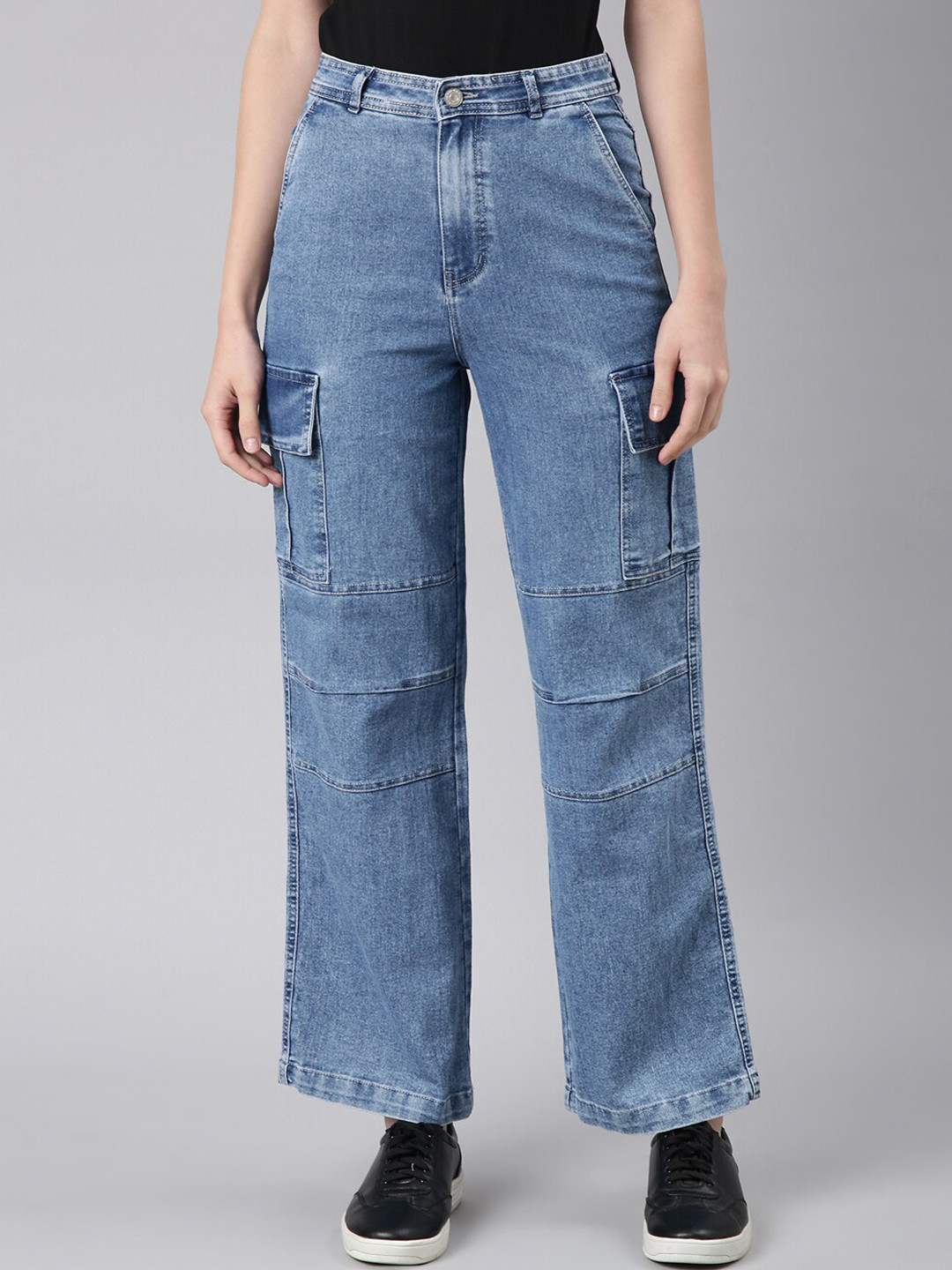 SHOWOFF Women Wide Leg Acid Wash Clean Look Light Fade Stretchable Cargo Jeans