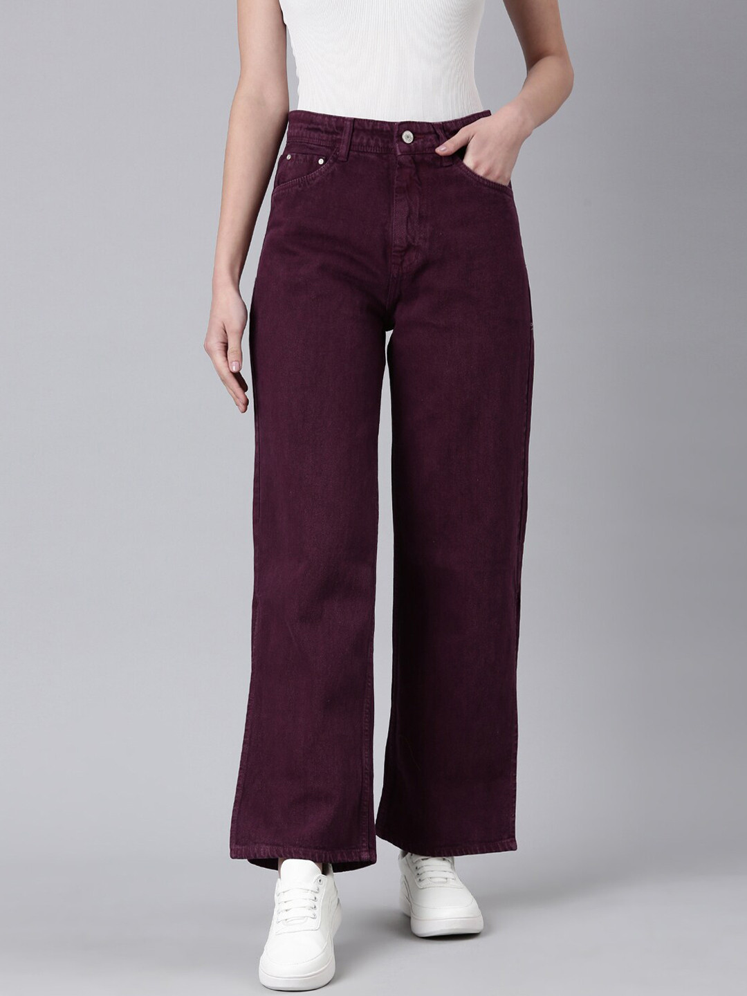 SHOWOFF Women Wide Leg Clean Look Slit Hem Jeans