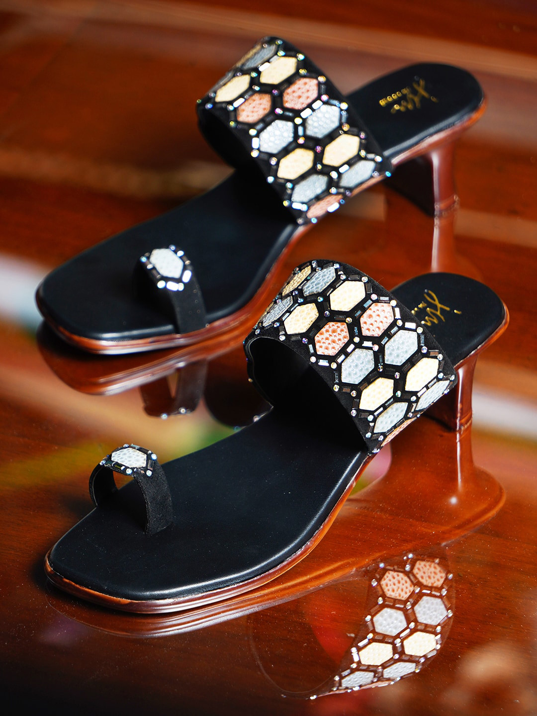 JM Looks Ethnic Embellished One Toe Block Heels