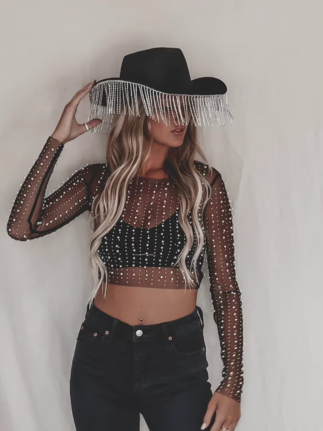 LULU & SKY Black Embellished Crop Top with Long Sleeves