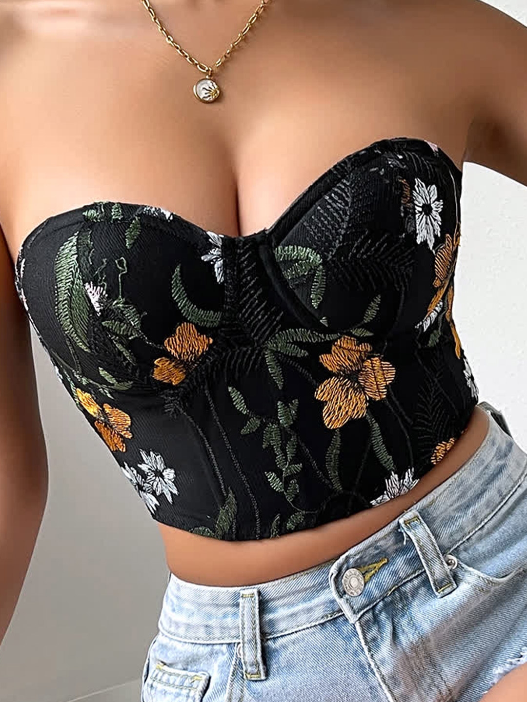 Women Sexy Strapless Lace Corset Tube Top Rose Floral Mesh Boned
