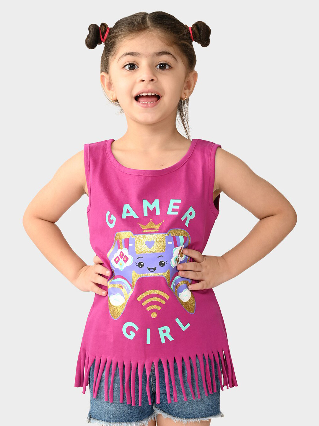 BONKIDS Girls Pink Printed Cut Outs T-shirt
