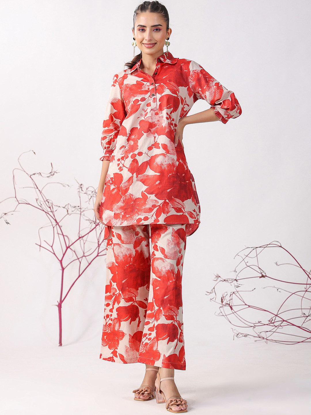 JISORA Floral Printed Pure Cotton Kurti With Palazzo