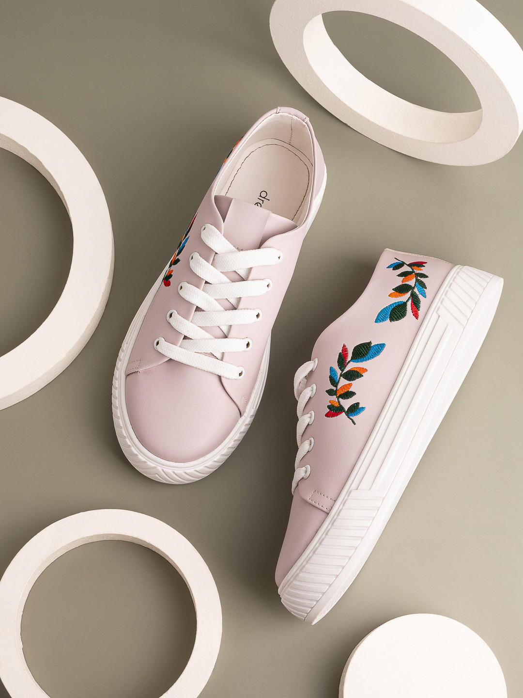DressBerry Women Pink & Green Embroidered Lightweight Sneakers