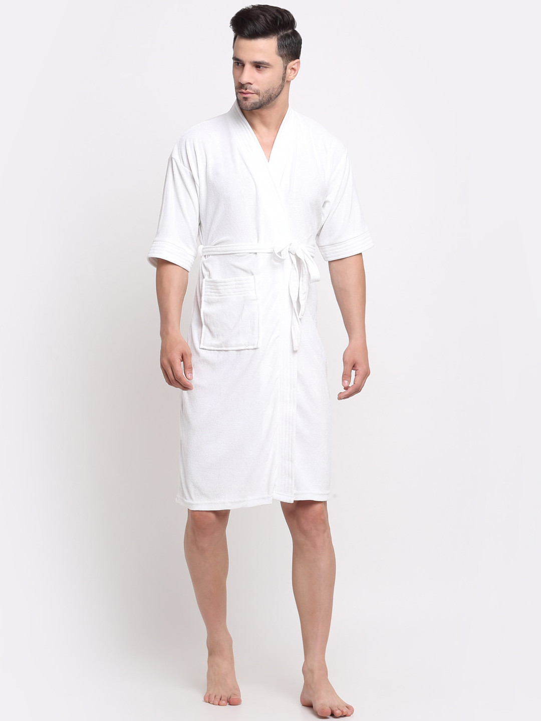Creeva Everyday White Solid Terrycloth Drawstring Knee Length Bath Robe