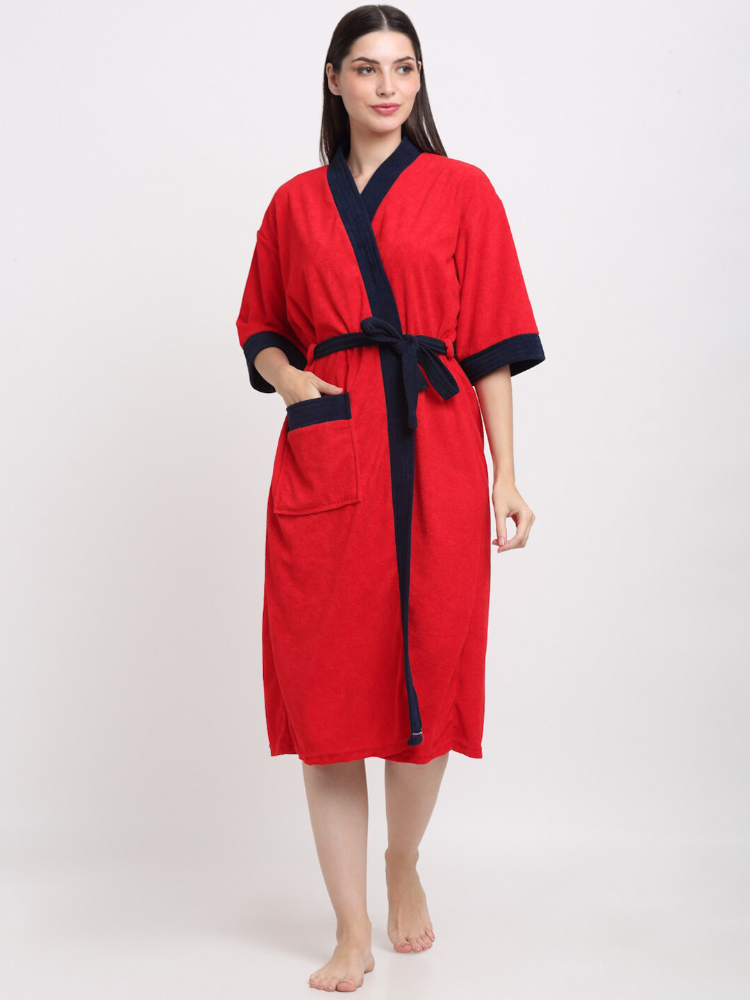Creeva Everyday Red Solid Terrycloth Drawstring Midi Bath Robe
