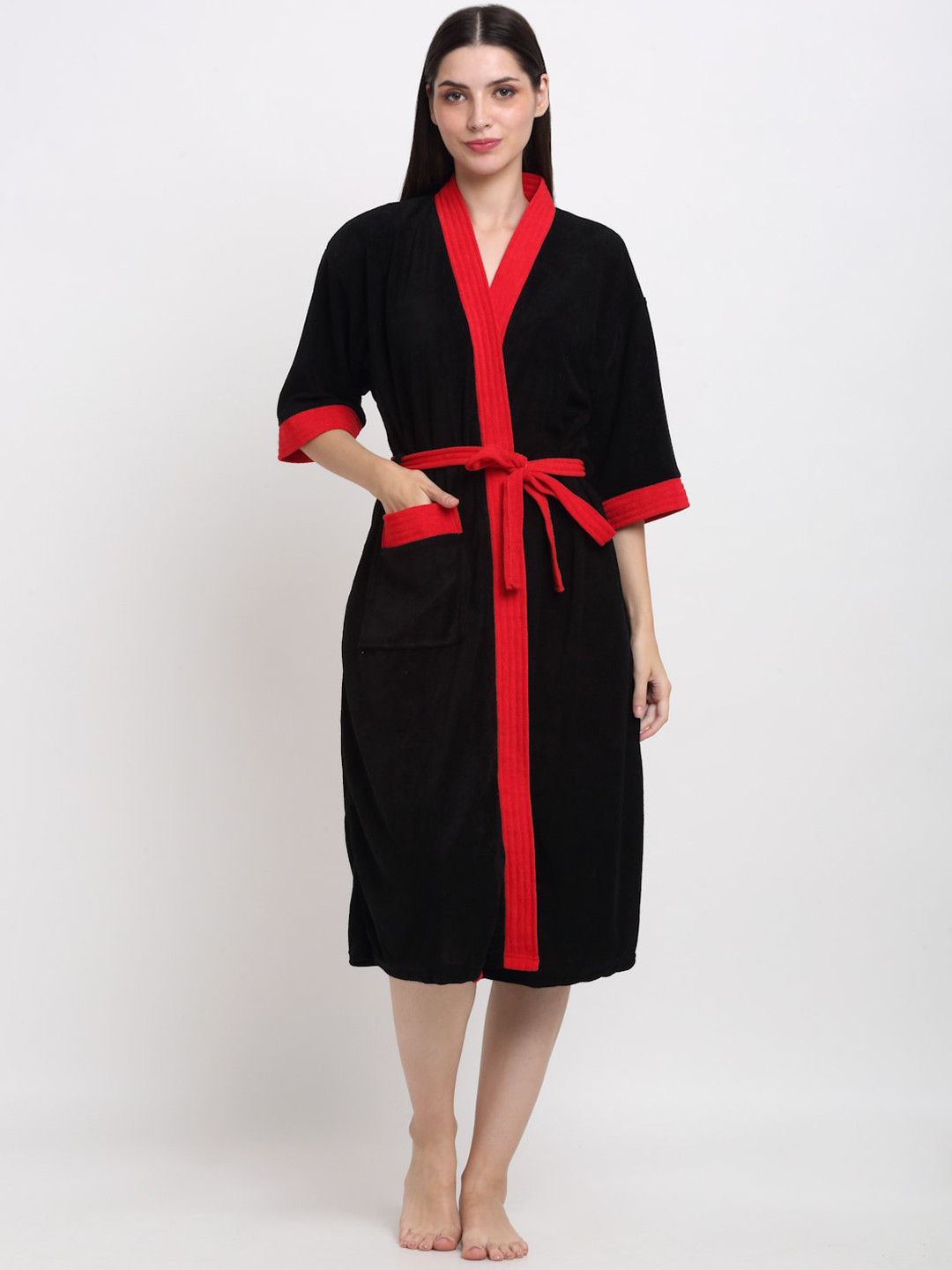 Creeva Everyday Black Solid Terrycloth Drawstring Midi Bath Robe