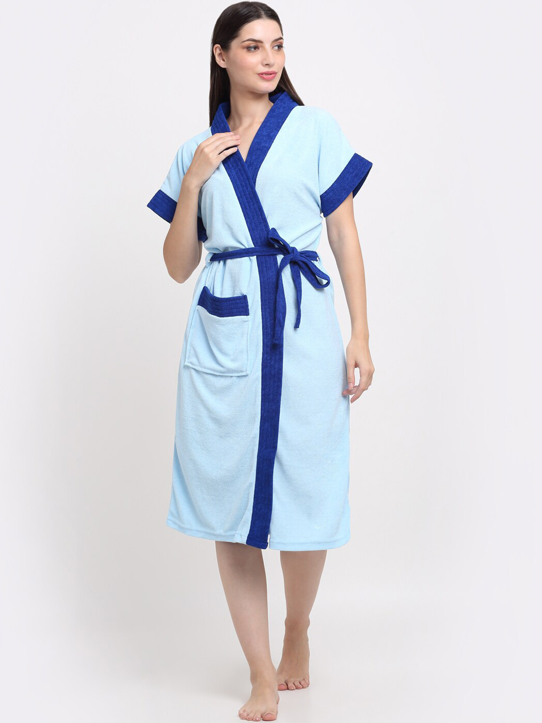 Creeva Everyday Navy Blue Solid Terrycloth Drawstring Midi Bath Robe