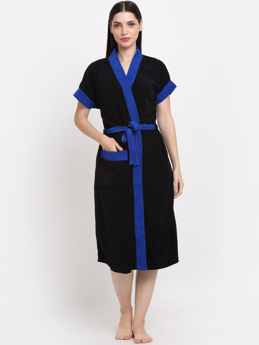 Creeva Everyday Black Solid Terrycloth Drawstring Midi Bath Robe