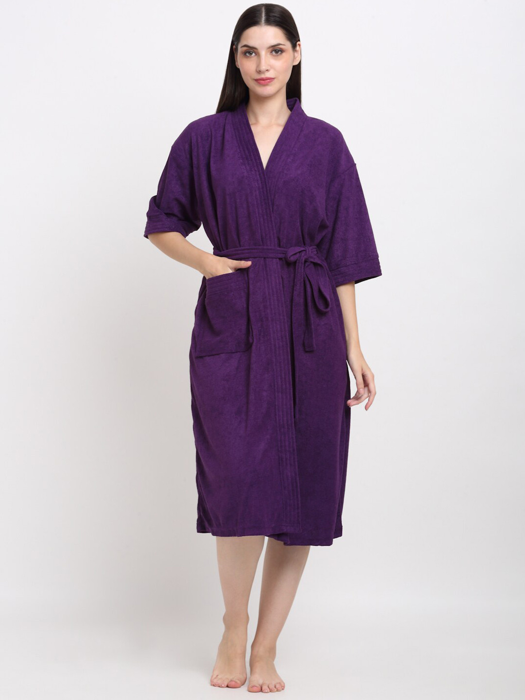 Creeva Everyday Violet Solid Terrycloth Drawstring Midi Bath Robe