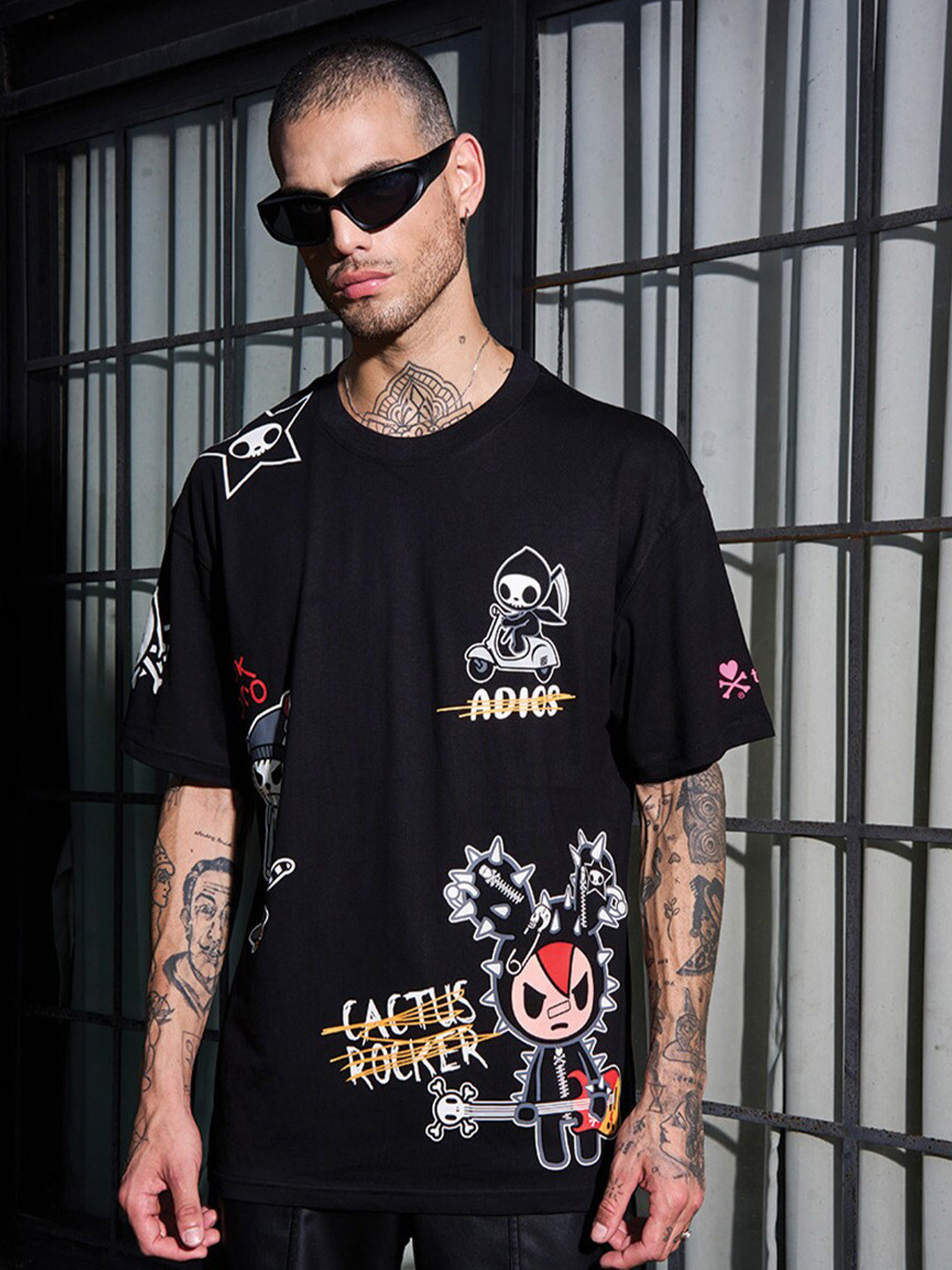 Bonkers Corner Toki Doki All Printed Drop-Shoulder Sleeves Cotton Oversized T-shirt