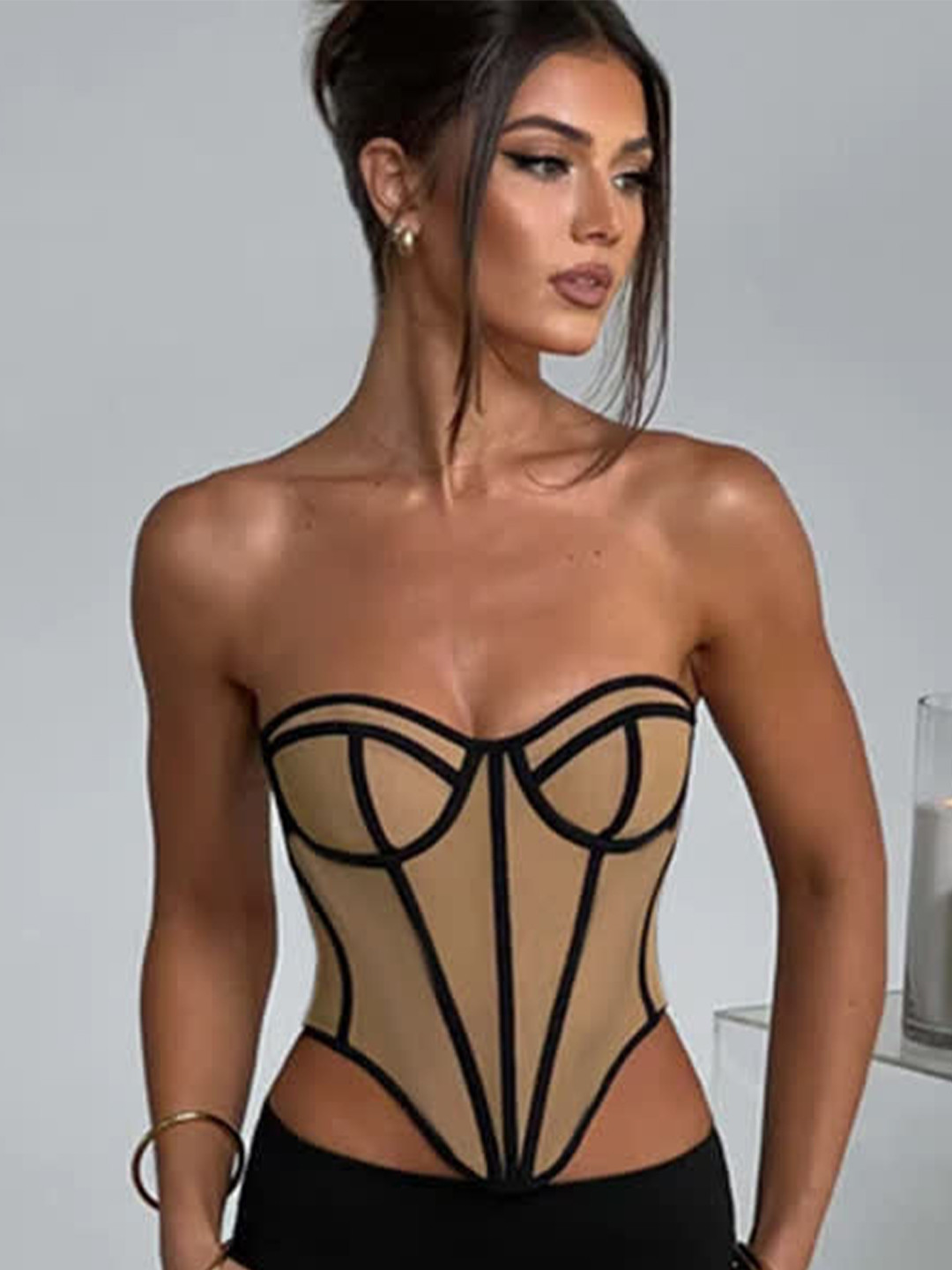 LULU & SKY Nude & Black Strapless Sweetheart Crop Corset Top