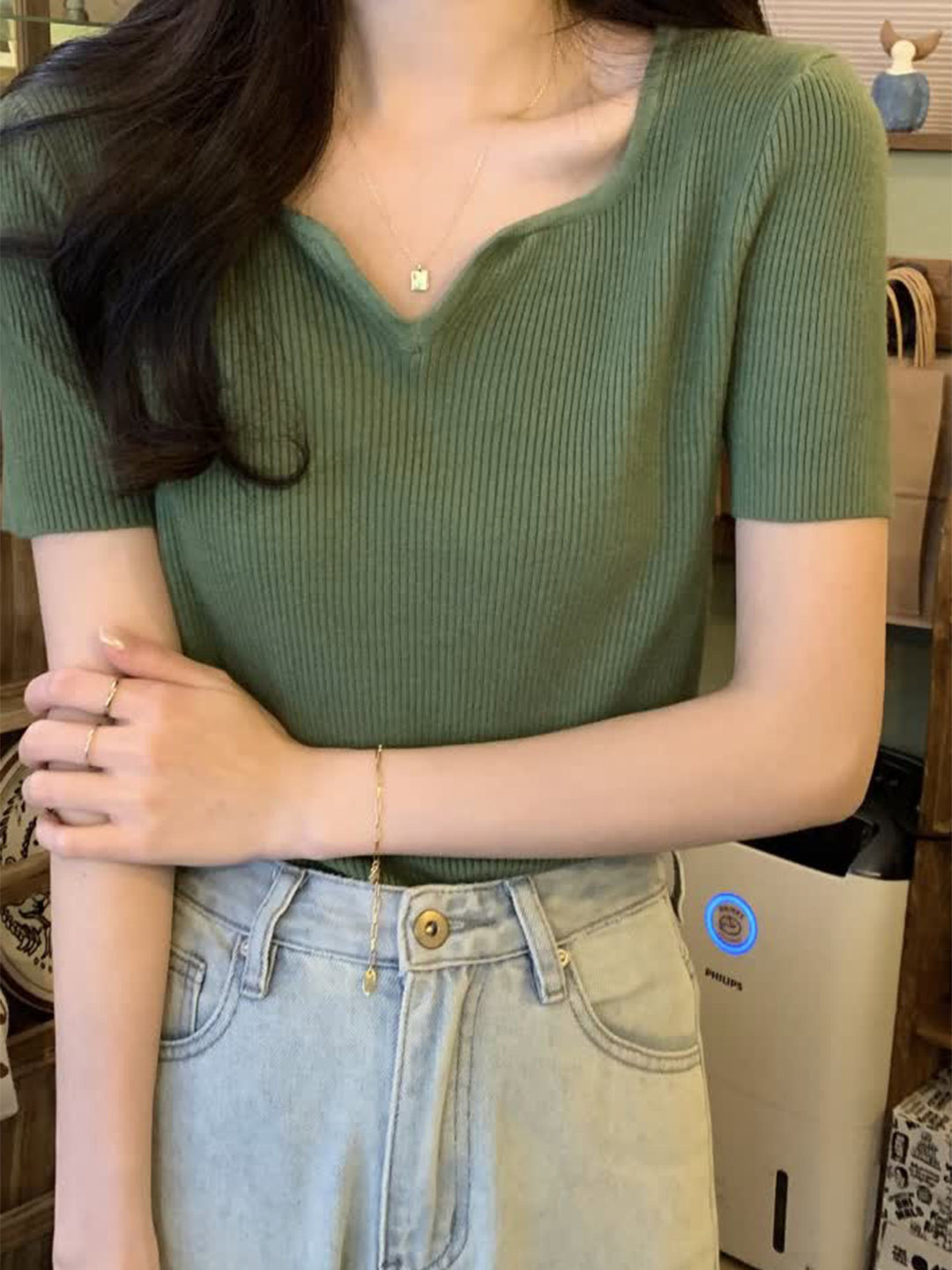 LULU & SKY Notched Square Neck Ribbed Top