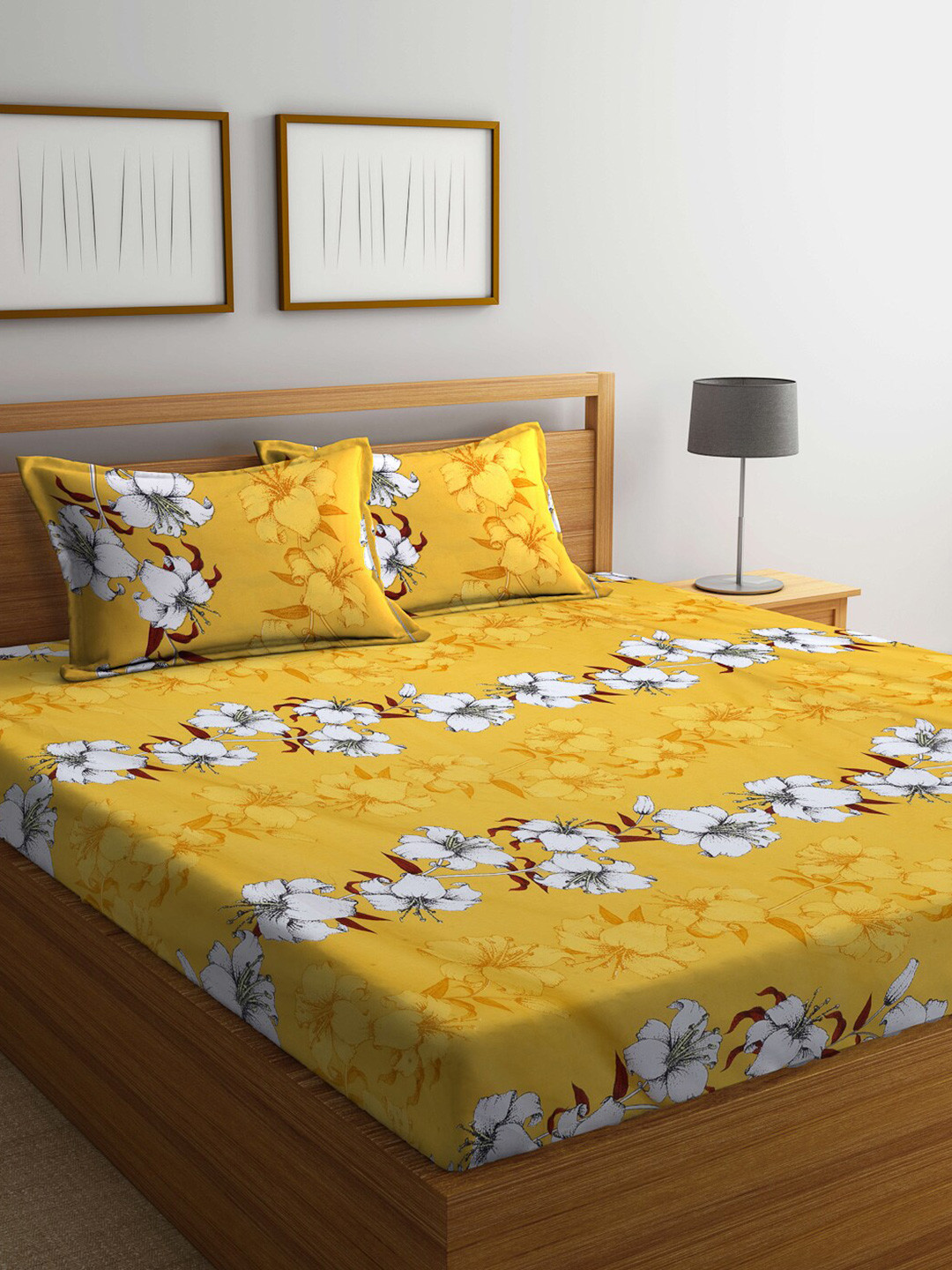 FABINALIV Yellow Floral Polycotton 300 TC Fitted King Fine Bedsheet with 2 Pillow Covers-98 x 89 inches