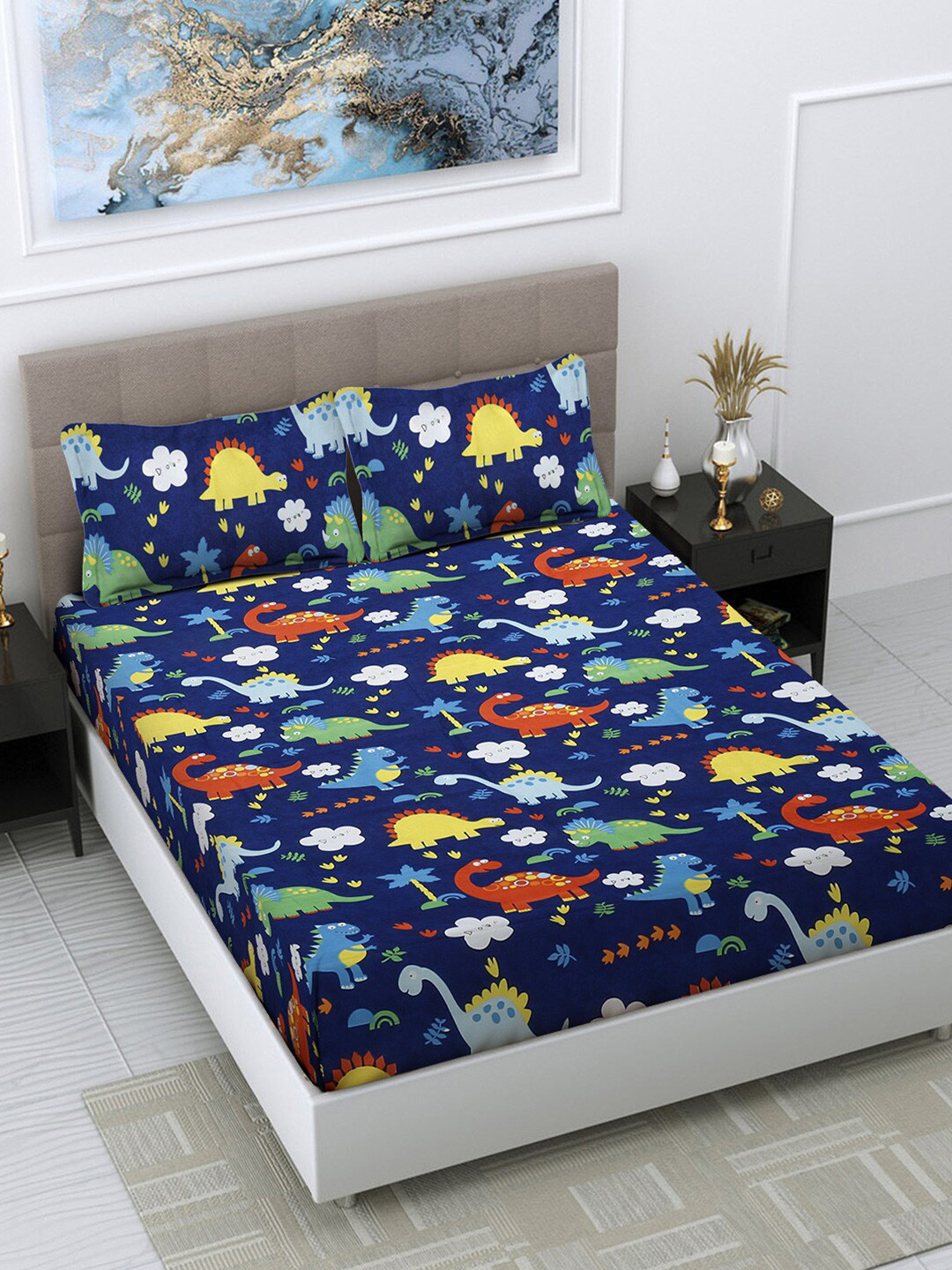 FABINALIV Blue Cartoon Characters Polycotton 300 TC Fitted King Fine Bedsheet with 2 Pillow Covers-98 x 89 inches