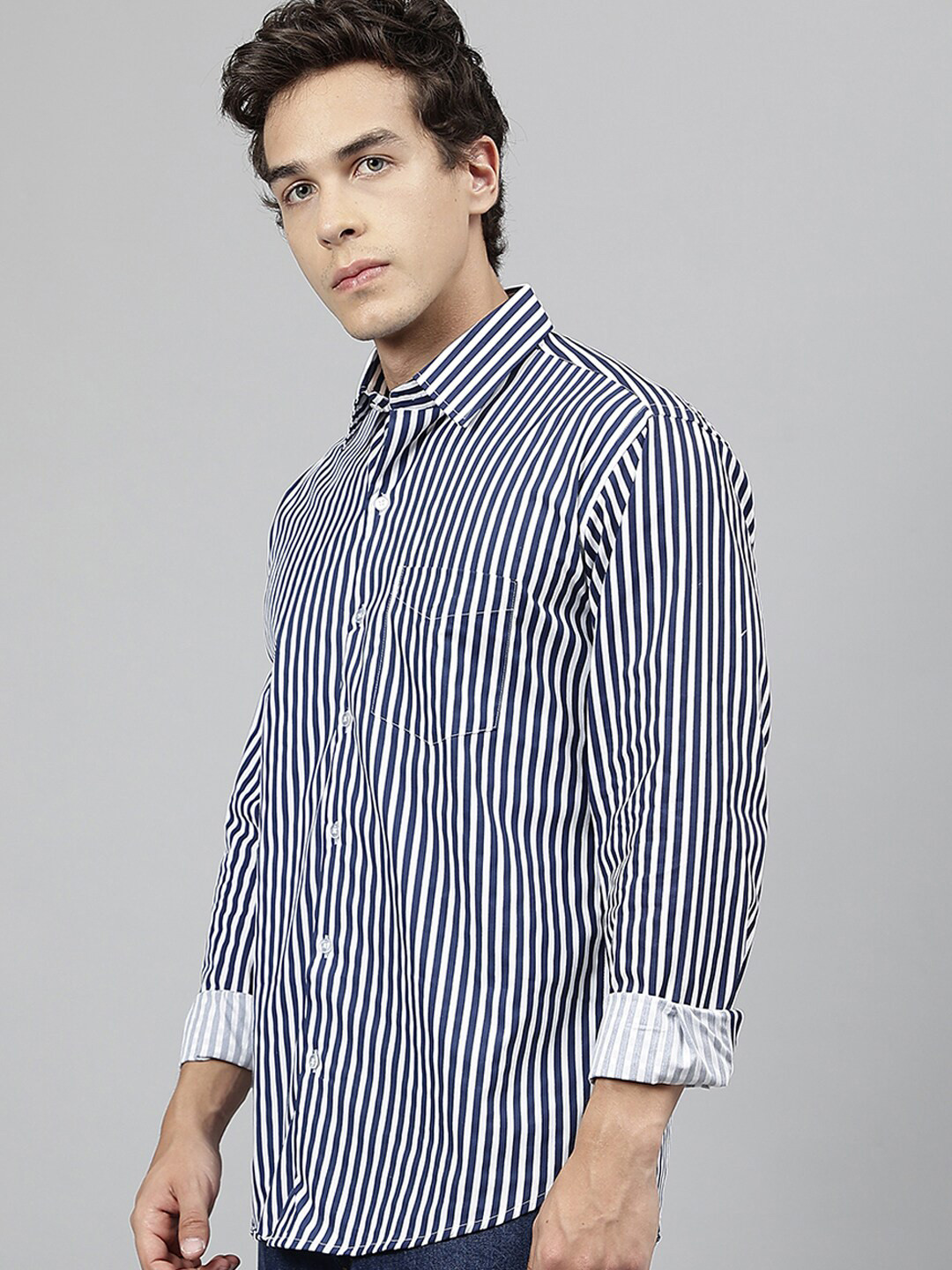 Hancock Standard Slim Fit Striped Printed Long Sleeve Cotton Casual Shirt