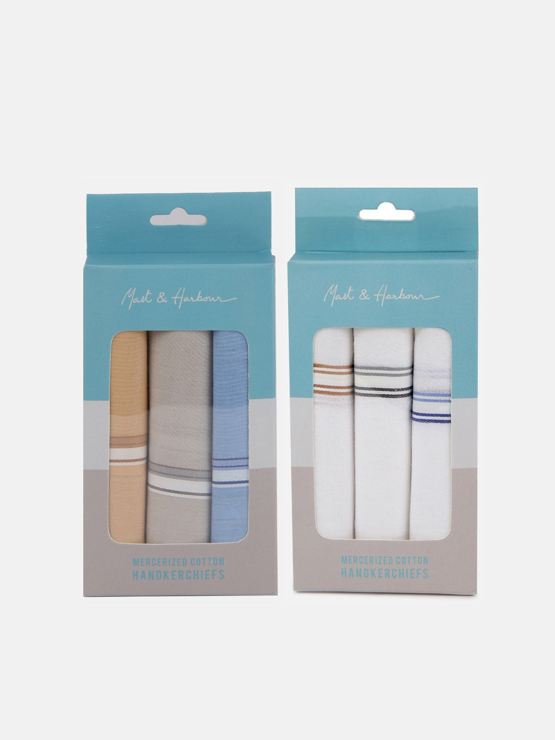 Mast & Harbour Men White & Blue Set Of 6 Striped Cotton Handkerchiefs