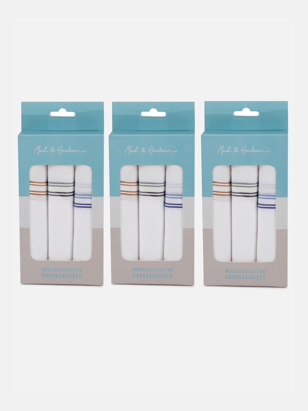 Mast & Harbour Men White & Blue Set Of 9 Striped Cotton Handkerchiefs
