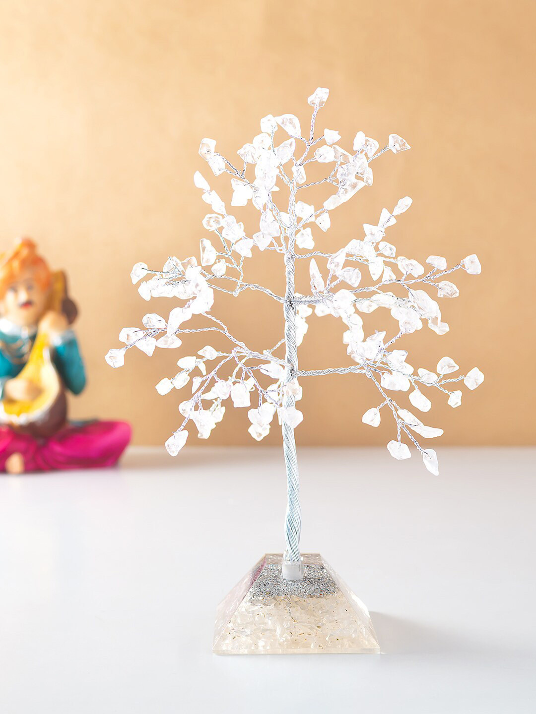 Golden Peacock Agate Stone Wish Tree with A Prism Base White Metal Natural Living Room Hand-Crafted Small Showpiece - 7.5 Inches