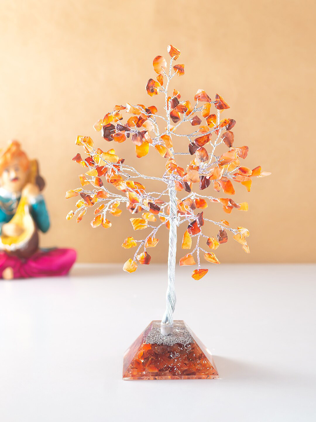 Golden Peacock Wish Tree Orange Metal Metallic Living Room Hand-Crafted Small Showpiece - 7.5 Inches