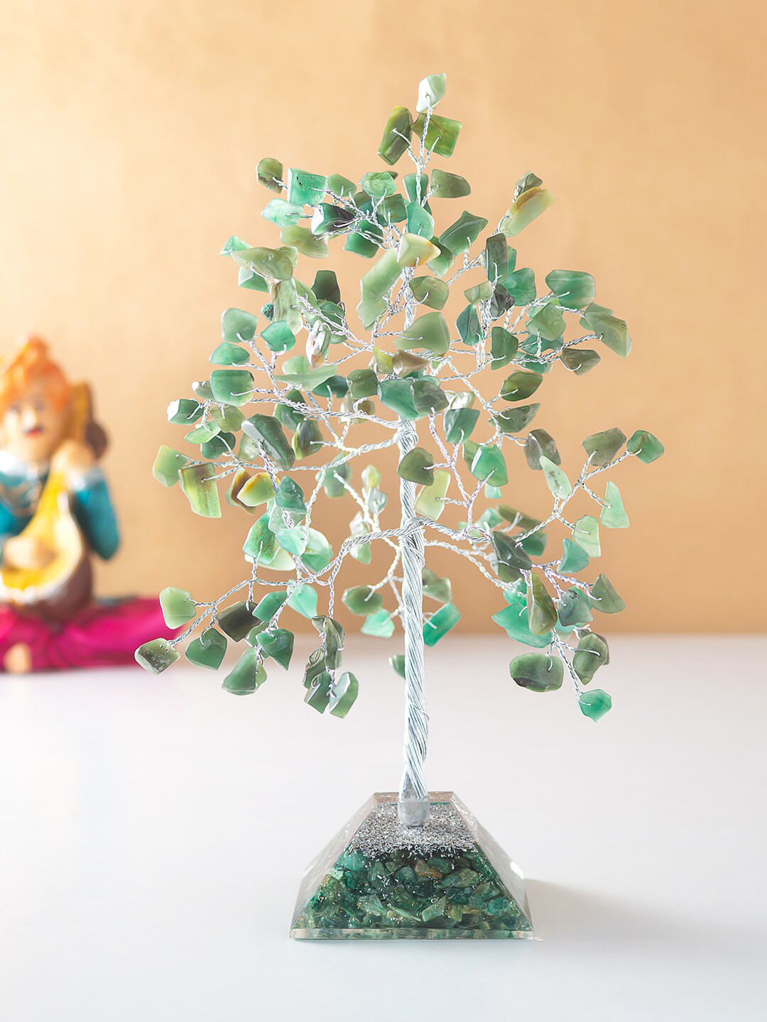 Golden Peacock Green & Silver-Toned Agate Stone Wish Tree Handcrafted Showpiece