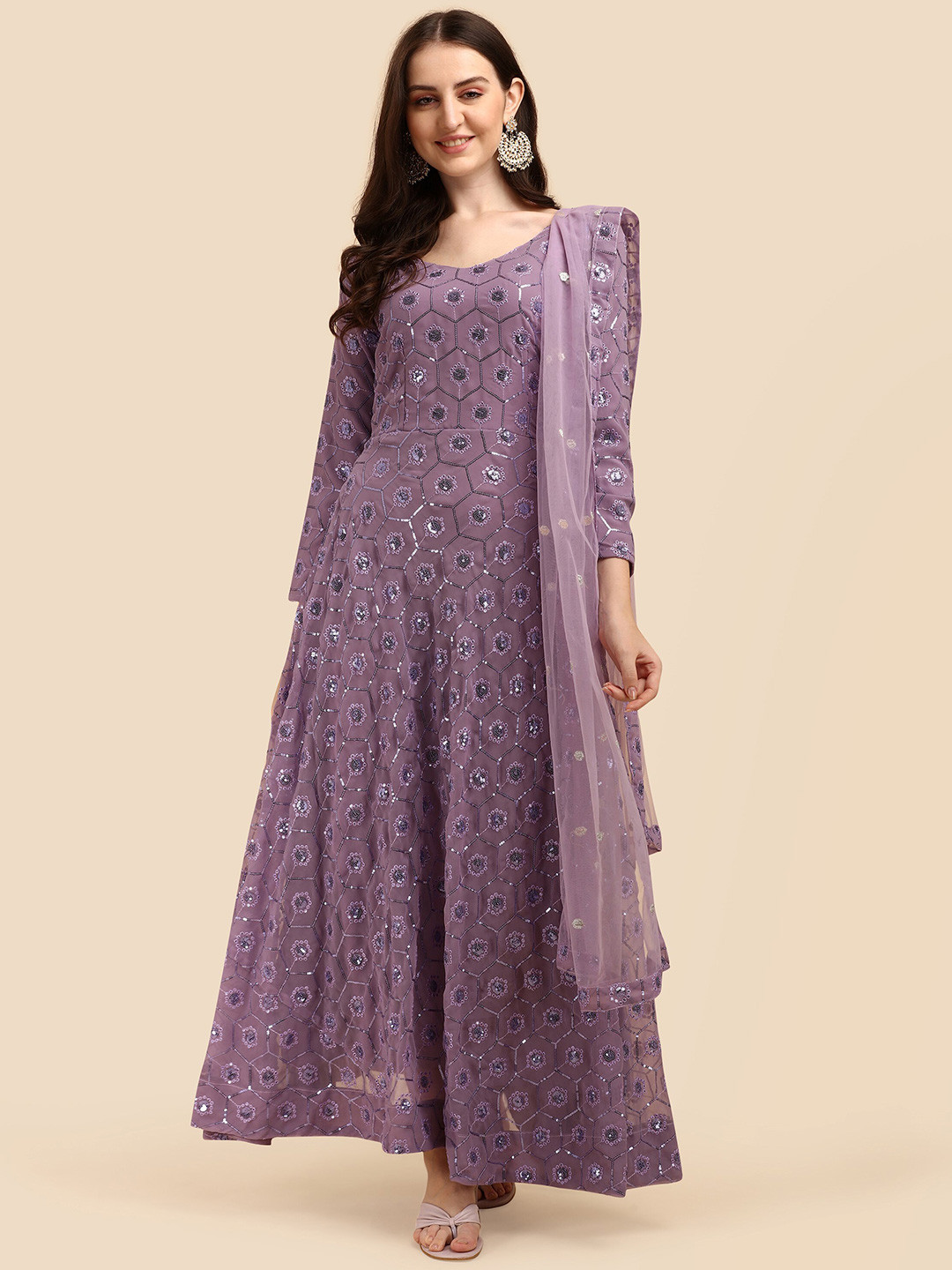 KALINI Sequin Embellished Georgette Maxi Ethnic Dress With Dupatta