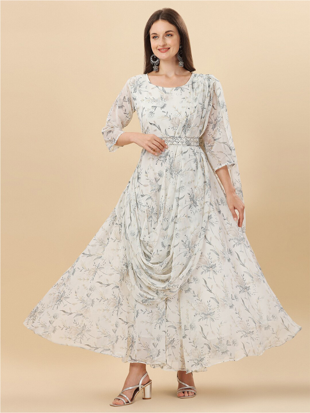 KALINI Floral Printed Georgette Fit & Flare Midi Ethnic Dress With Attached Dupatta